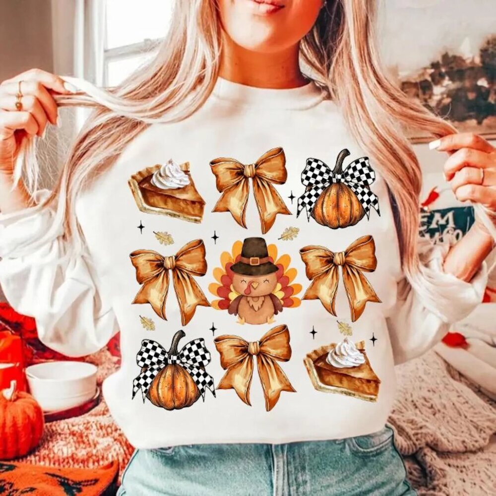 Retro Thanksgiving, Retro Fall Pumpkin Bow, Fall Coquette Bow Sweatshirt 05